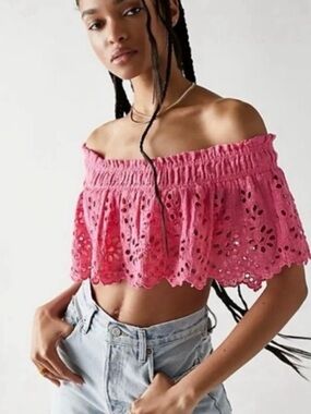 Free People Pink Eyelet Off-Shoulder Crop Top